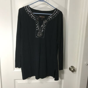 Dana Buchman Beaded V- neck Cotton Modal Black Tunic Sz Med